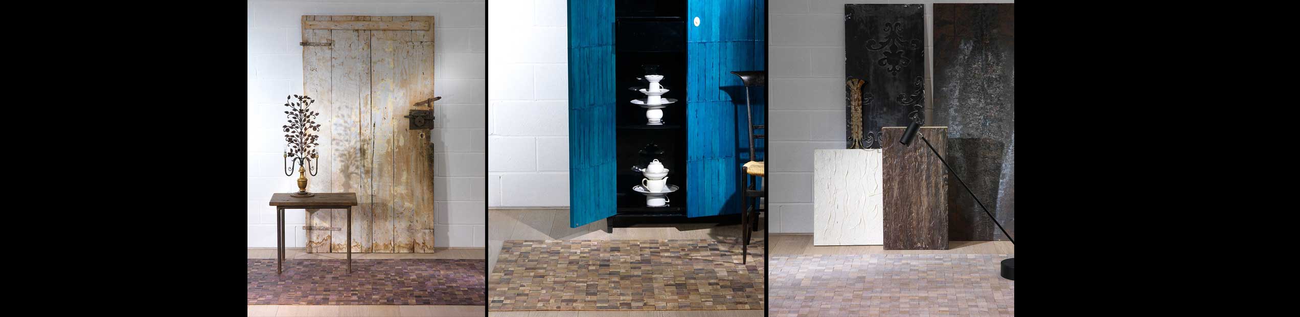 das Bild zeigt drei Holz Teppiche aus dem Upcycling